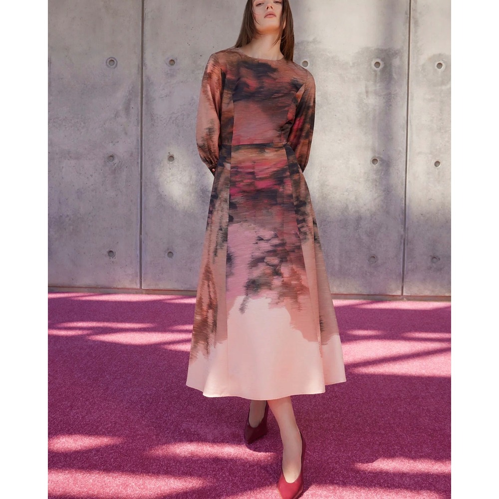 Misook A-line Abstract Woven Maxi Dress S Rose Bud/Pink Flash/Goldenwood/Blk NWT